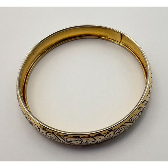 Vintage Floral Etched Bangle Bracelet Gold Tone Ornate Costume Jewelry - Picture 4 of 6